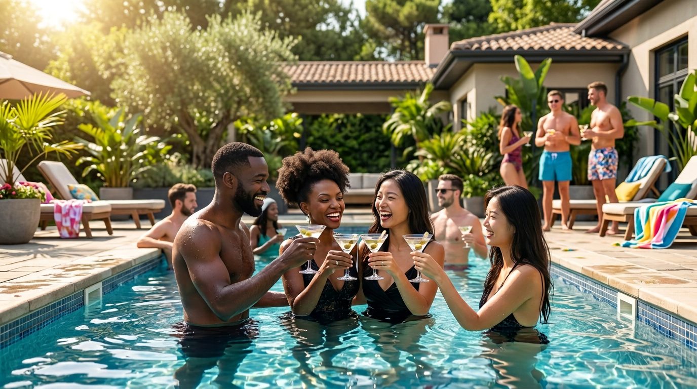 Friends celebrating at a pool party